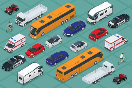 图表, 设计和游戏视觉拼图: 为每一个彩色图片的汽车和卡车的道路上